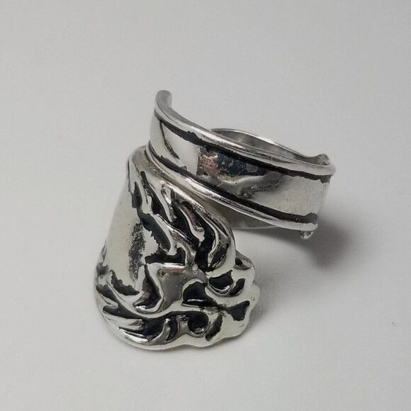 Vintage Spoon Handle Style Wrap Ring, Silver Tone Size 7, Wide Band, Estate - Picture 3 of 9